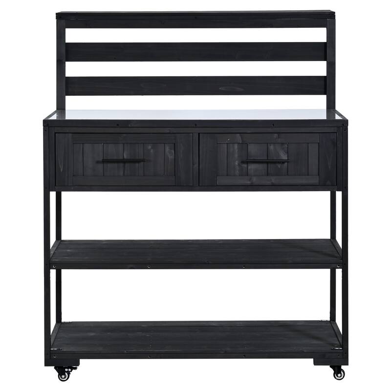 Solid Wood 62.3'' Patio Kitchen Island Kitchen Cart with Stainless Table Top, Garden Potting Bench with Raised Shelf and Drawers