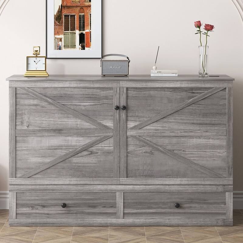 Mixoy Modern Full/Queen Size Murphy Bed Chest with Mattress and Storage