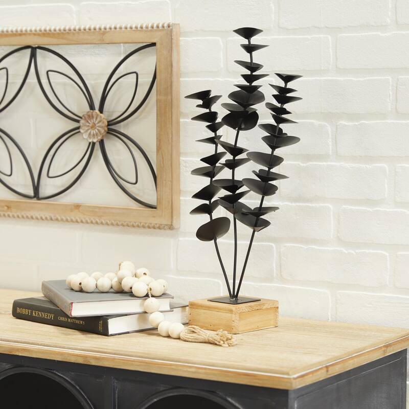 Black Metal Leaf Decorative Sculpture with Wood Base - Black
