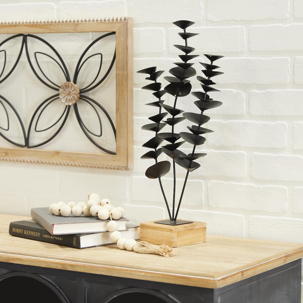 Black Metal Leaf Decorative Sculpture with Wood Base