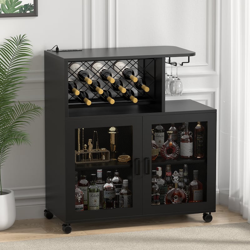 Bar Cart with Charge Station and LED Light, Rolling Home Bar Liquor Cabinet - 31.5'' W