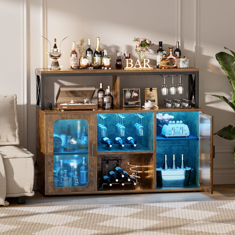 Buffet Sideboard Cabinet Wood Coffee Bar Cabinet with Charging Station and LED lights