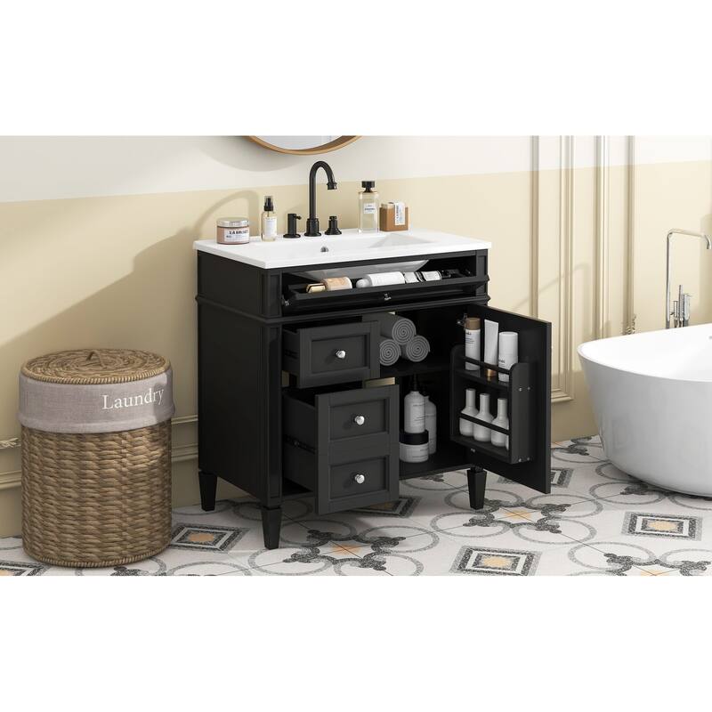 Modern 30" Bathroom Vanity with Ceramic Sink, 2 Drawers & Tip-Out Drawer for Bathroom Storage