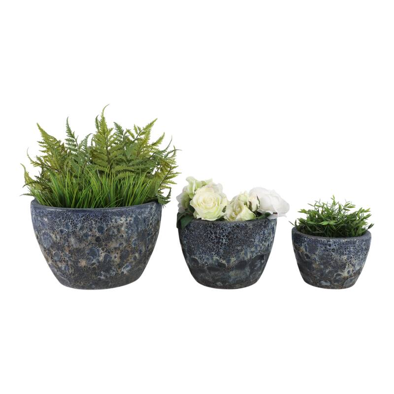 Planters Pottery Clay Modern Textured Round Design (Set of 3) - 15" x 15" x 10"