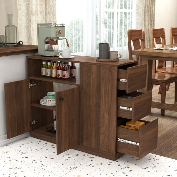 Kitchen Sideboard Storage Cabinet with 3 Side Drawers, Accent Cabinet Corner Cabinet with 2 Glass Sliding Doors - On Sale - Bed Bath & Beyond