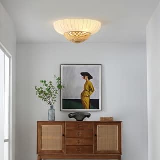 Hikari - Japanese Boho-Chic 3 Light Ceiling Light With Woven Bamboo & Silk Shade - 9.13" x 19.63"