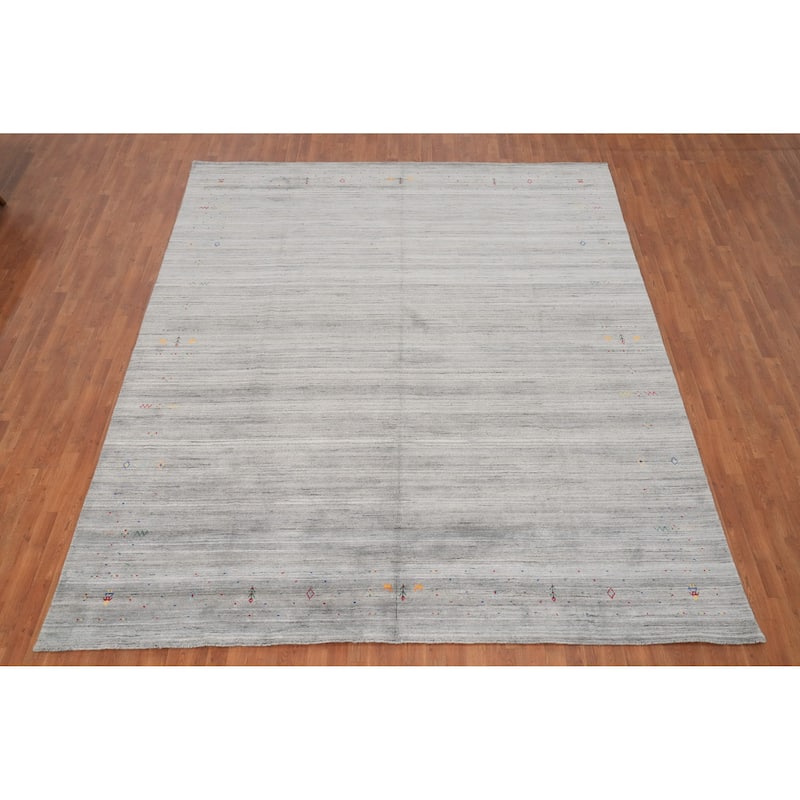 Hand Knotted Oriental Viscose Silk Carpet Tribal Animal Pictorial Greys & Charcoal Gabbeh Area Rug - 11' 10'' X 9' 11''