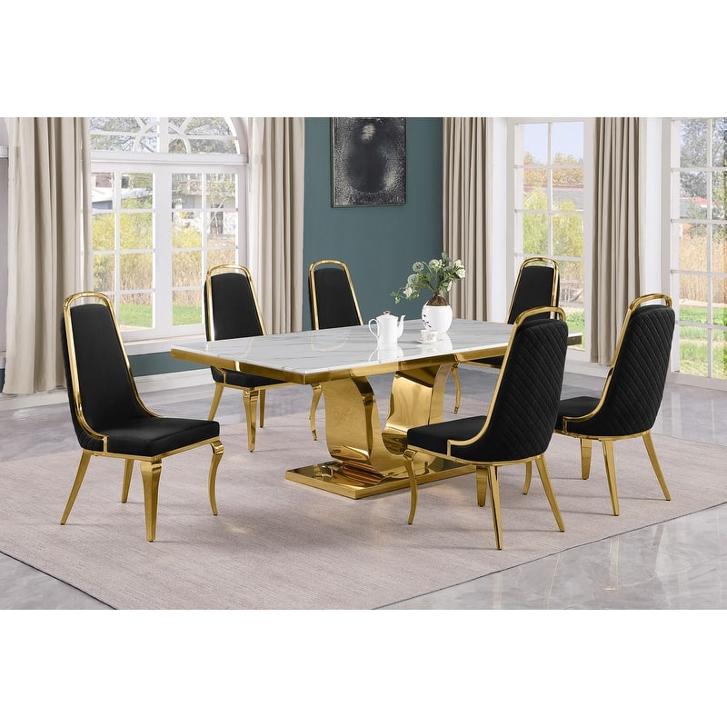 Best Quality Furniture D321-SC314-7 Dining Set with 78" White Marble Top