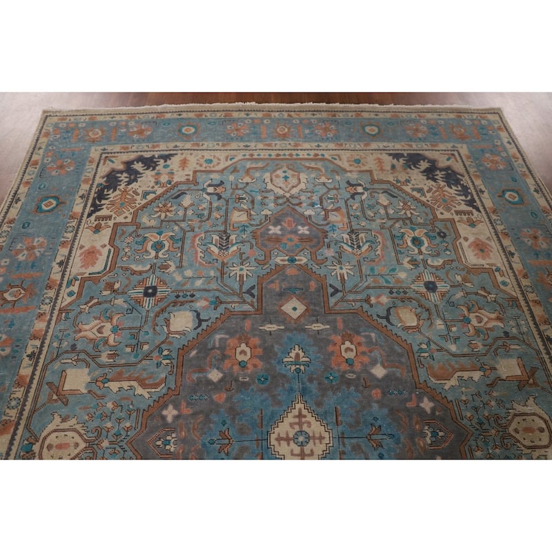 Over-Dyed Blue Tabriz Persian Vintage Area Rug Handmade Wool Carpet - 6'10"x 9'8"