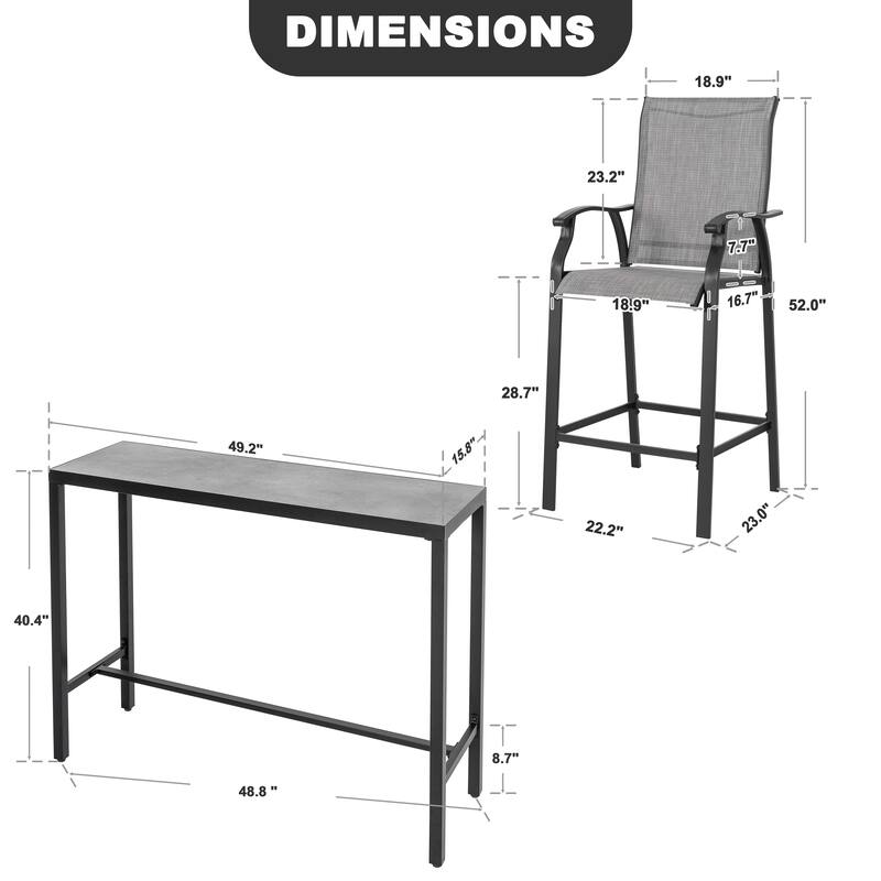 Patio 3-Piece Textilene Bar Set with High Backrest, Black and Gray