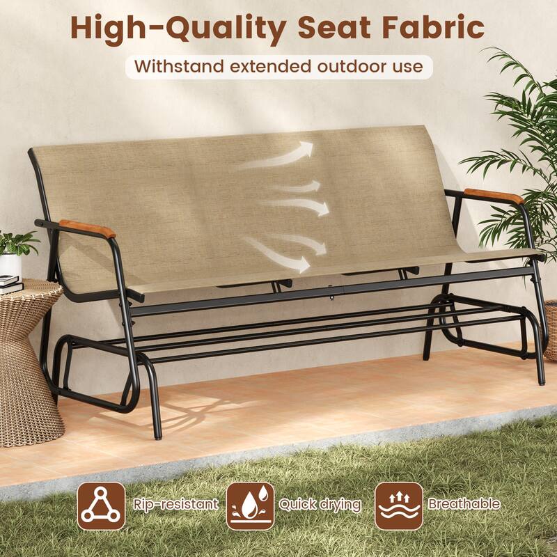 Black Brown Metal Teak 3-Person Glider Bench with Fabric Seat and Armrests - 29" L x 66.5" W x 33" H