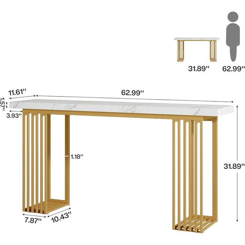 Modern MDF Console Table with Faux Marble Top & Metal Base, 63" Narrow Long Sofa Table for Entryway, Hallway, Living Room