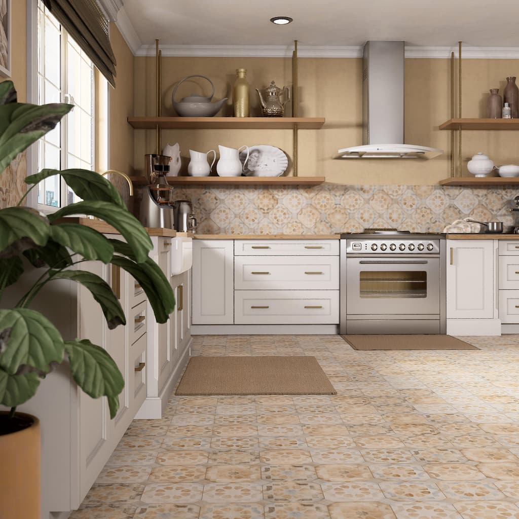 Merola Tile Laverton Octagon Deco Multicolor with Taco Arena 7-7/8" x 7-7/8" Porcelain Floor and Wall Tile