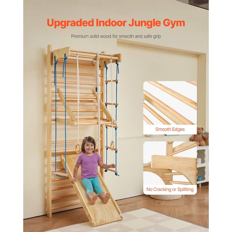 Beige Pine Wood 8 in 1 Swedish Ladder Indoor Jungle Gym for Kids and Adults with Slide Rings Rope Climbing and 220 lbs Capacity
