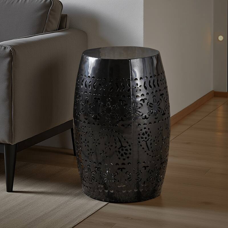Sola Side Table, Solar Powered Light, 18 Inch Barrel Shaped Black Iron