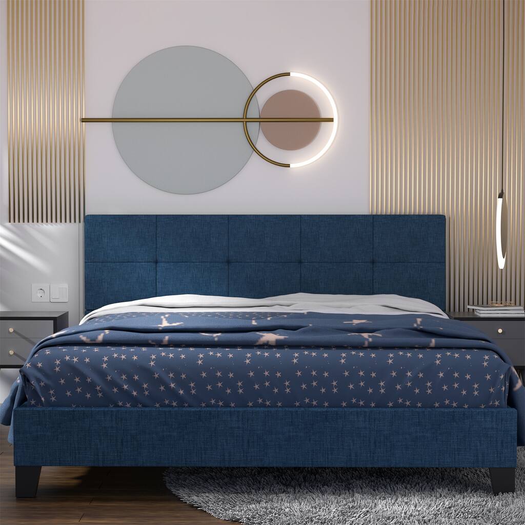 Linen Queen Platform Bed Frame with Tufted Square Stitched Headboard