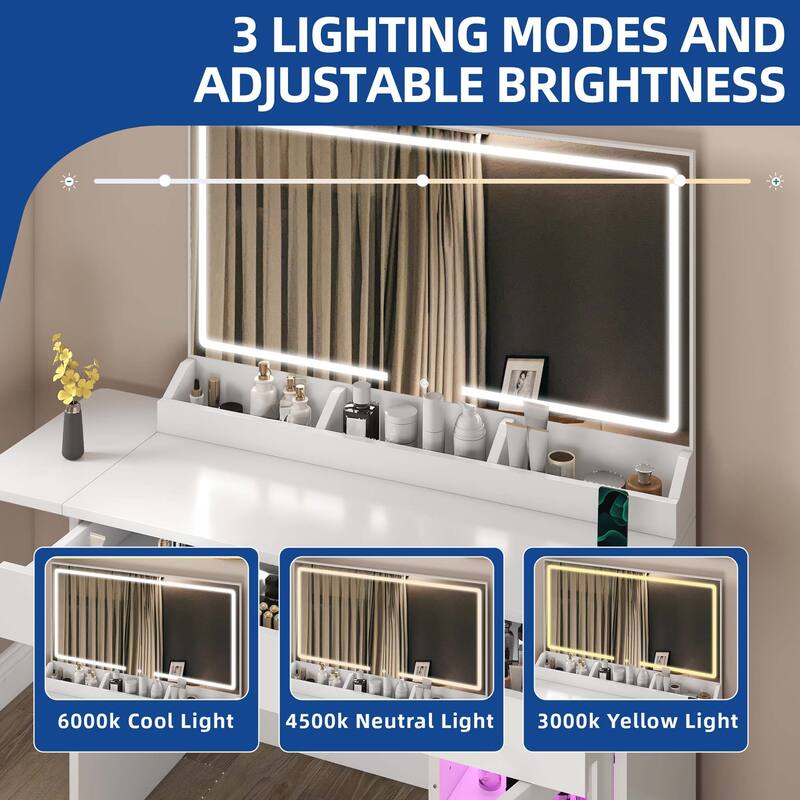 Moasis Makeup Vanity Desk with Mirror and RGB Lights & Extral Foldable Desk