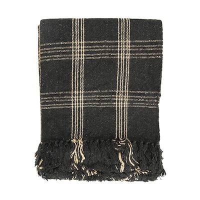 Plaid Black & Tan Fringed Woven Cotton Blend Throw