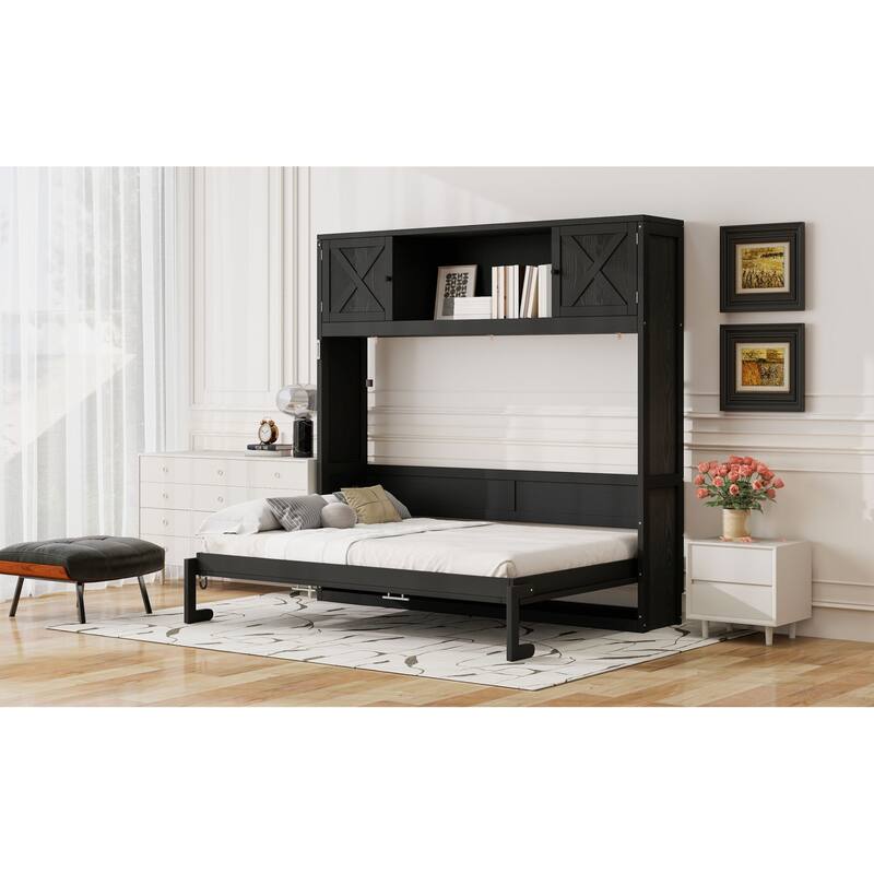 Roomfitters Full/Queen Size Murphy Bed with Storage Cabinets, Shelves and Rustic X-Shape Design