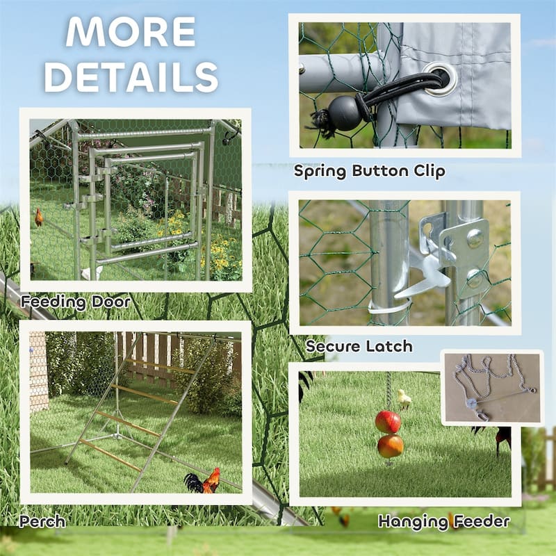Galvanized Steel Chicken Run with Roof Cover and Secure Lock - 9.8'W x 26.2'D x 6.4'H