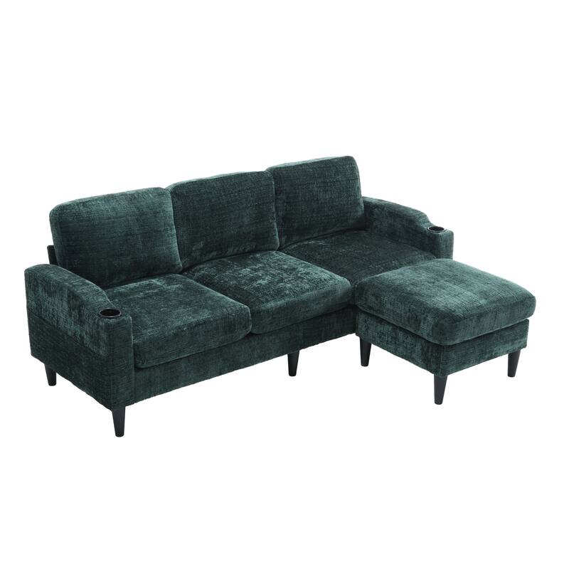 Modular Sectional Sofa with Storage Ottoman, Comfy Chenille Fabric Sofa, 3-Seater Sofa with Side Pockets & 2 Cup Holders