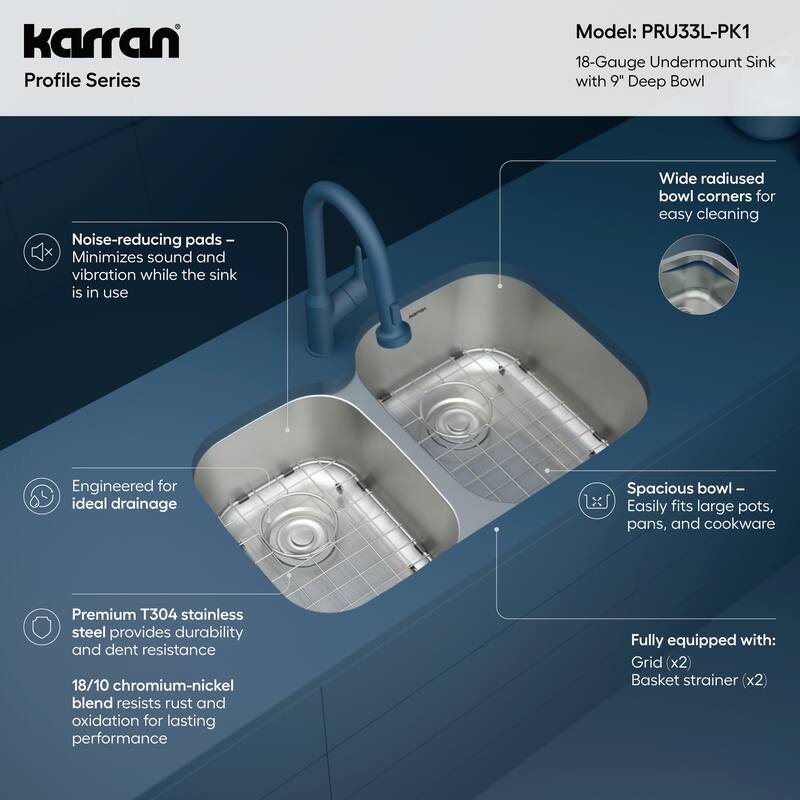Karran Profile 31" Undermount 18 Gauge Double Offset Bowl Stainless Steel Kitchen Sink with Accessories