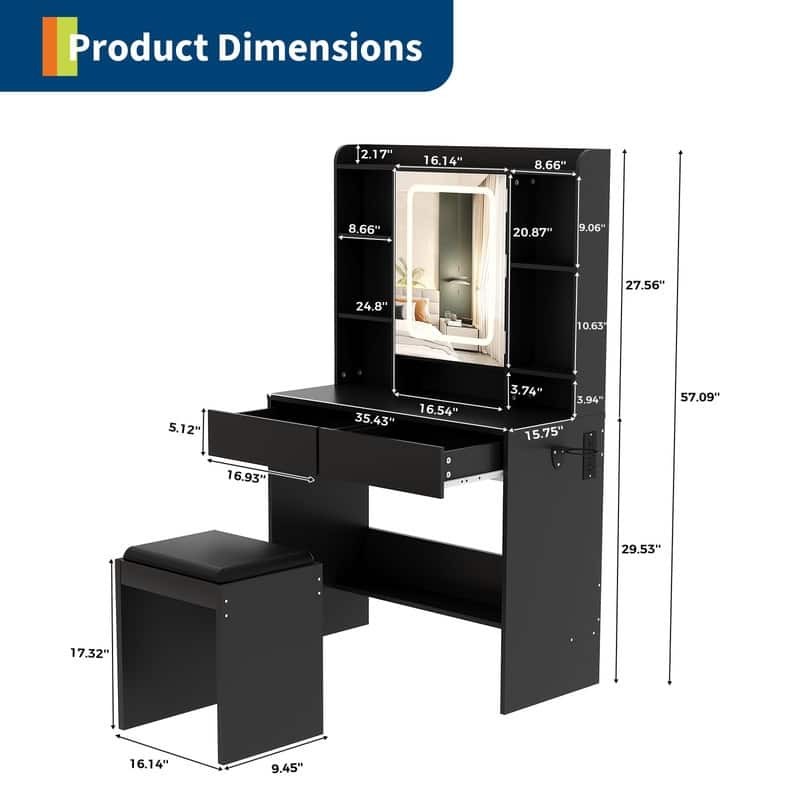 Vanity Desk with LED Mirror, Storage Drawers, USB Outlets, and Padded Stool