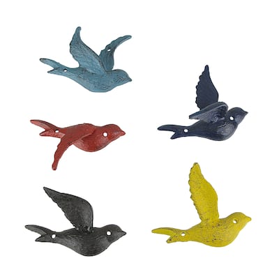 Zeckos Colorful Cast Iron Flying Bird Wall Sculptures (Set Of 5)