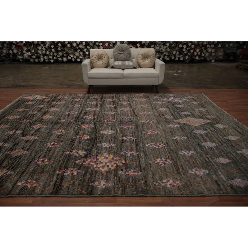Hand Knotted Oriental 100% Wool Carpet Modern Geometric Greys & Charcoal Moroccan Area Rug - 12' 0'' X 9' 5''