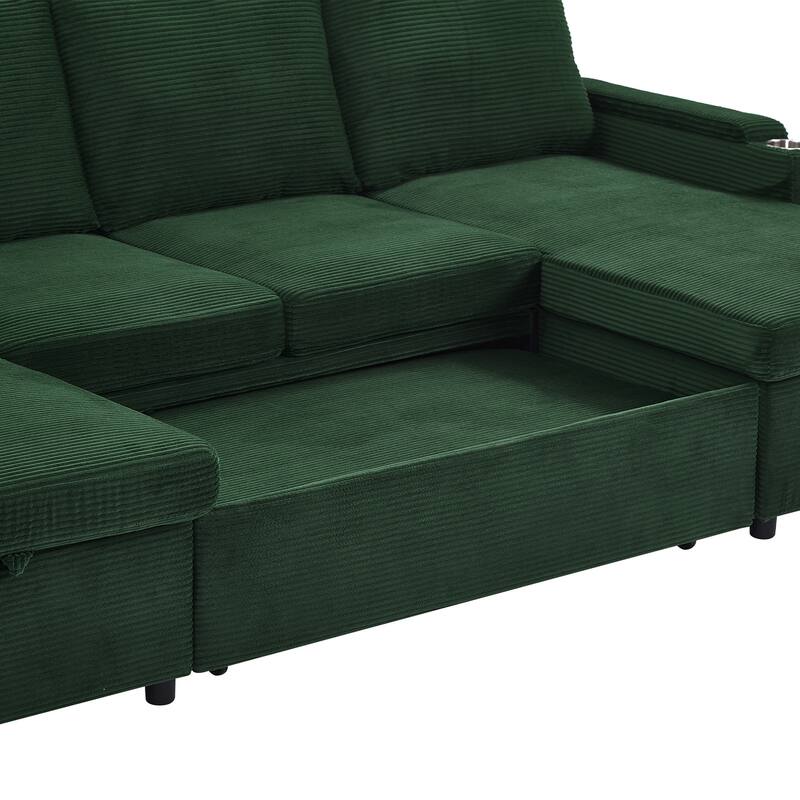 Roomfitters Convertible Sofa Bed 109.5" U-Shaped Sectional Upholstered Sofa with Storage Chaise, Cup Holders and USB Ports