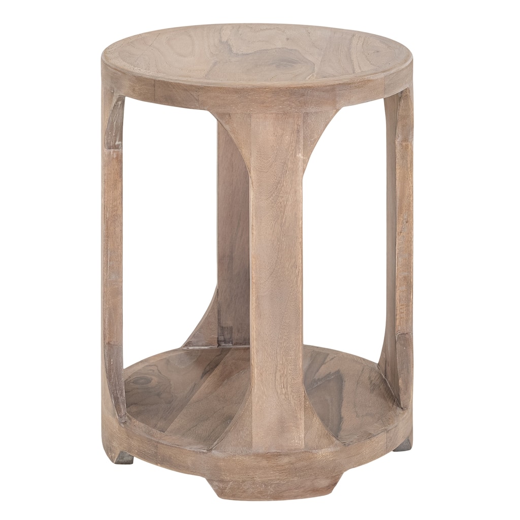 Eray 18 In Round Side Table w Shelf, Light Brown Teak, Mango Wood