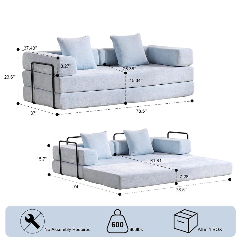 Convertible Flannel Fabric Futon Sofa Sleeper Couch Bed with Sponge Padding for Living Room - 76.77”L x 37.4”W x 23.62”H