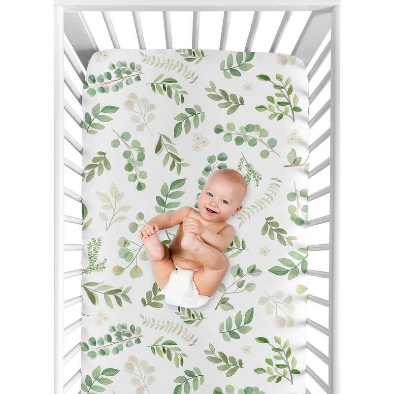 Floral Leaf Collection Girl Fitted Crib Sheet - Green and White Boho Watercolor Botanical Woodland Tropical Garden