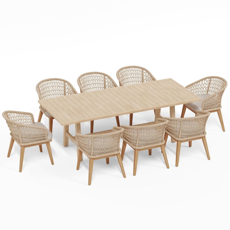 Outdoor 9-Piece Woven Rope Dining Chair and Wood Table Set