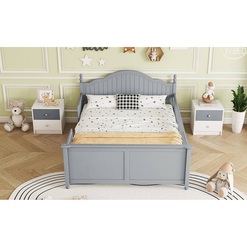 Roomfitters Twin/Full Platform Bed, Slatted Headboard and Removable Guardrails with Wooden Frame for Bedrooms or Guest Rooms