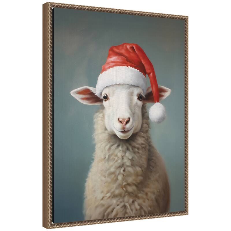 Kate and Laurel Sylvie Beaded Sweet Sheep Santa Hat Framed Canvas by The Creative Bunch Studio - 18x24