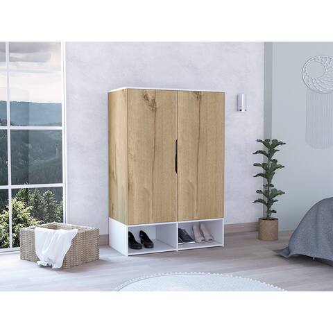 Rosie Armoire with Two Doors , Open Shelves, Concealed Five Shelves and Hanging Rod