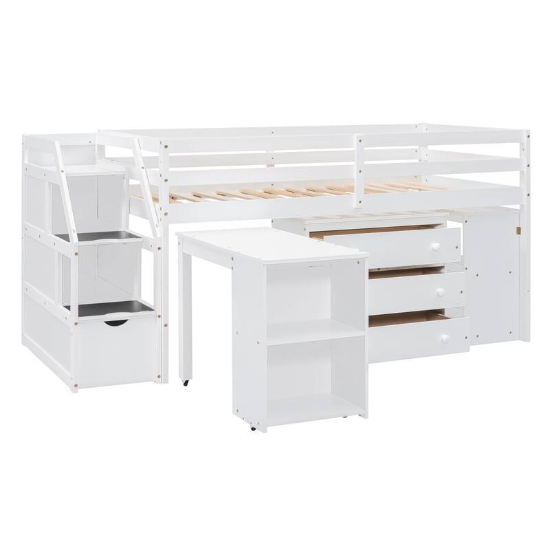 Pine Wood Low Loft Bed with Storage Stairs, Shelves, Retractable Writing Desk, 3 Drawers, Wooden Lofbed Frame for Kids Bedroom