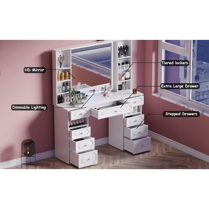White/ Black Makeup Vanity with Lighted Mirror,Extra Large Vanity Desk with 9 Drawers,European Style Vanities