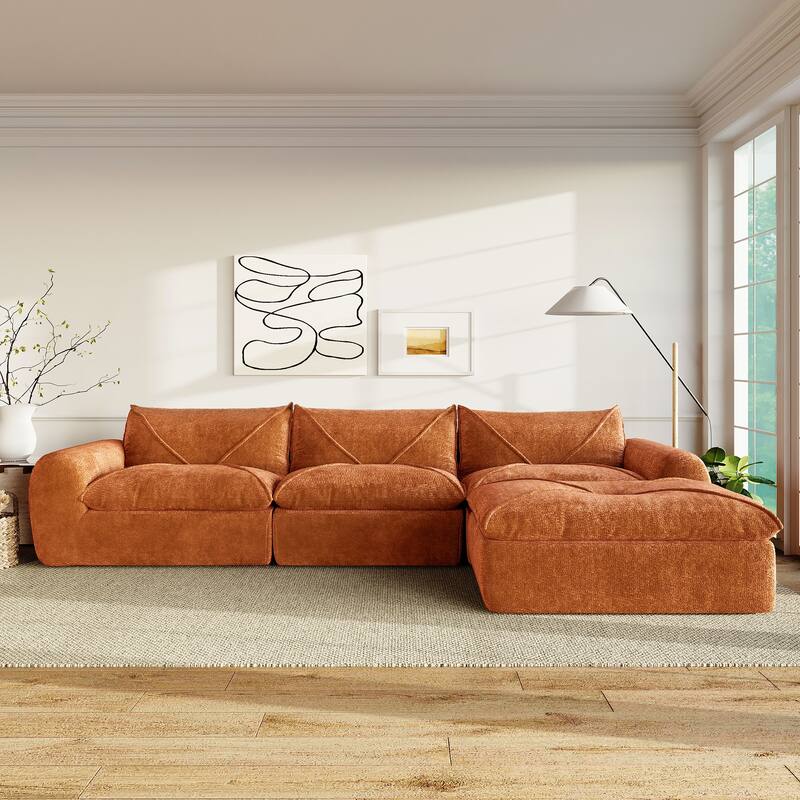 L-Shape Sectional Sofa with Ottoman, Chenille Sofa with Integrated Backrest & Seat Cushion, Fully Compressed Foam 4 Seat Sofa