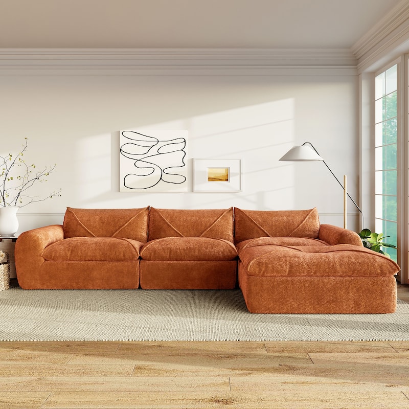 Roomfitters 116'' Fully Compressed Sofa, High Density Foam, Legless Modular Design, No Assembly, Chenille, Orange