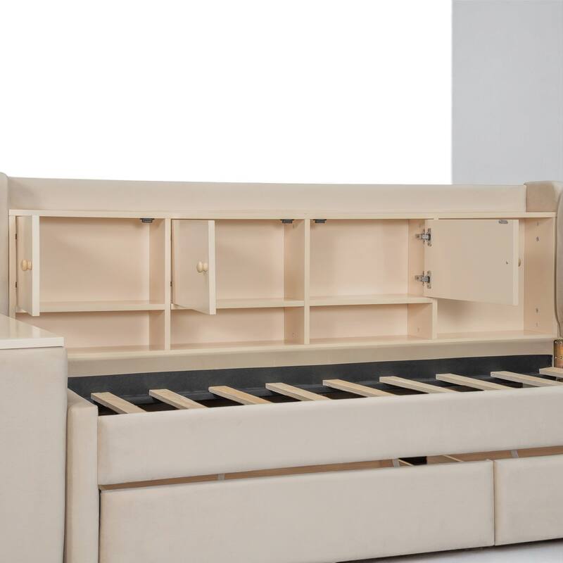Multi-Functional Twin Daybed with Storage Drawers, Shelves, Flip Cabinets, and Side Table for Small Rooms