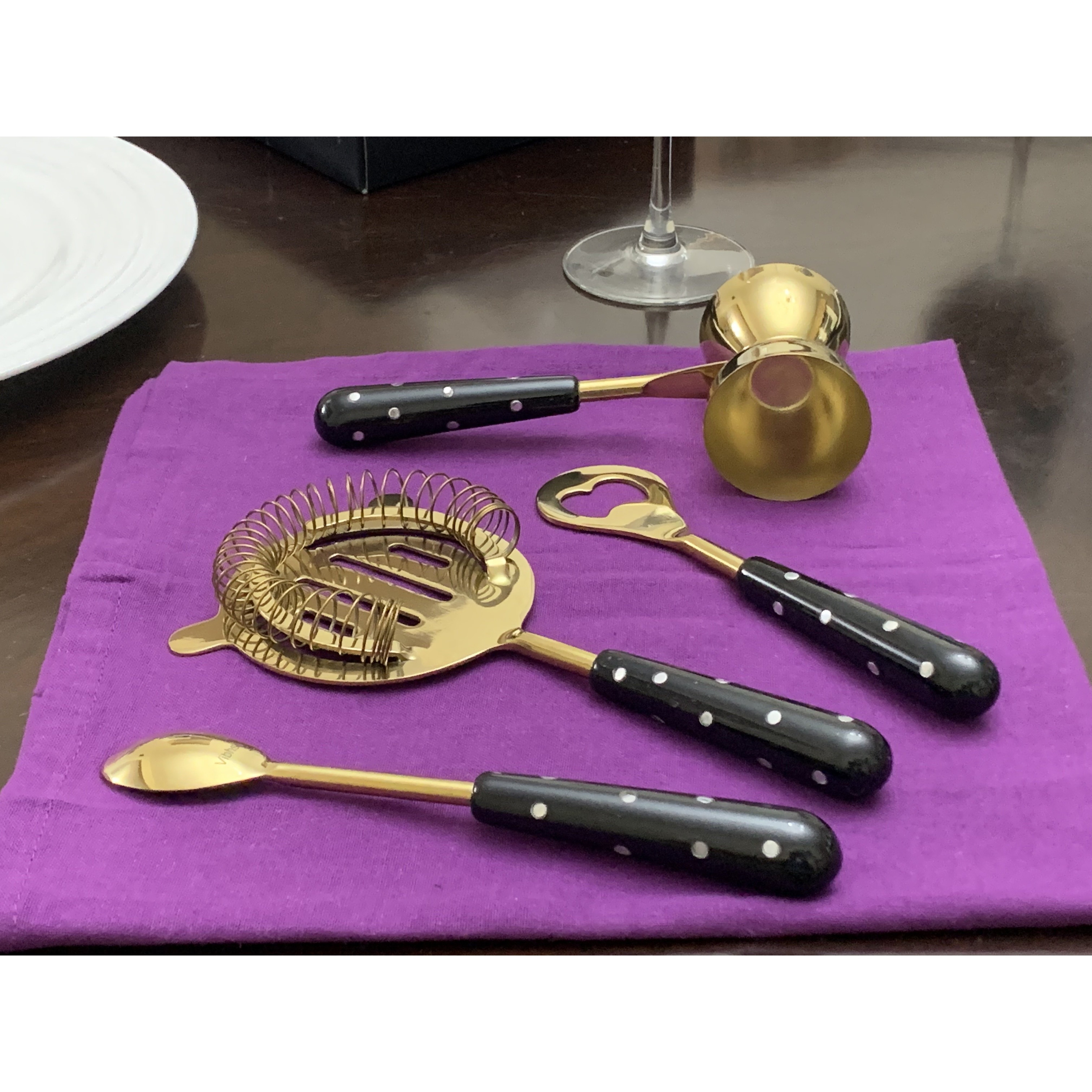 Vibhsa Handmade Dotted-Pattern Gold & Black Stainless Steel Bar Tool Set, 4-Piece