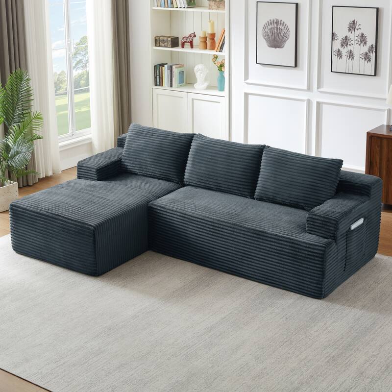 Rossetta L-Shaped Left-Facing Modular Classic Corduroy Fabric Striped Sectional Sofa with Deep Seat