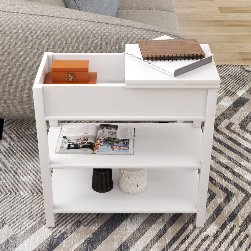 Narrow Side Table Sofa Table with Black Handle & Base Shelf Storage Cabinet Coffee Table Snack Table for Office, Bedroom