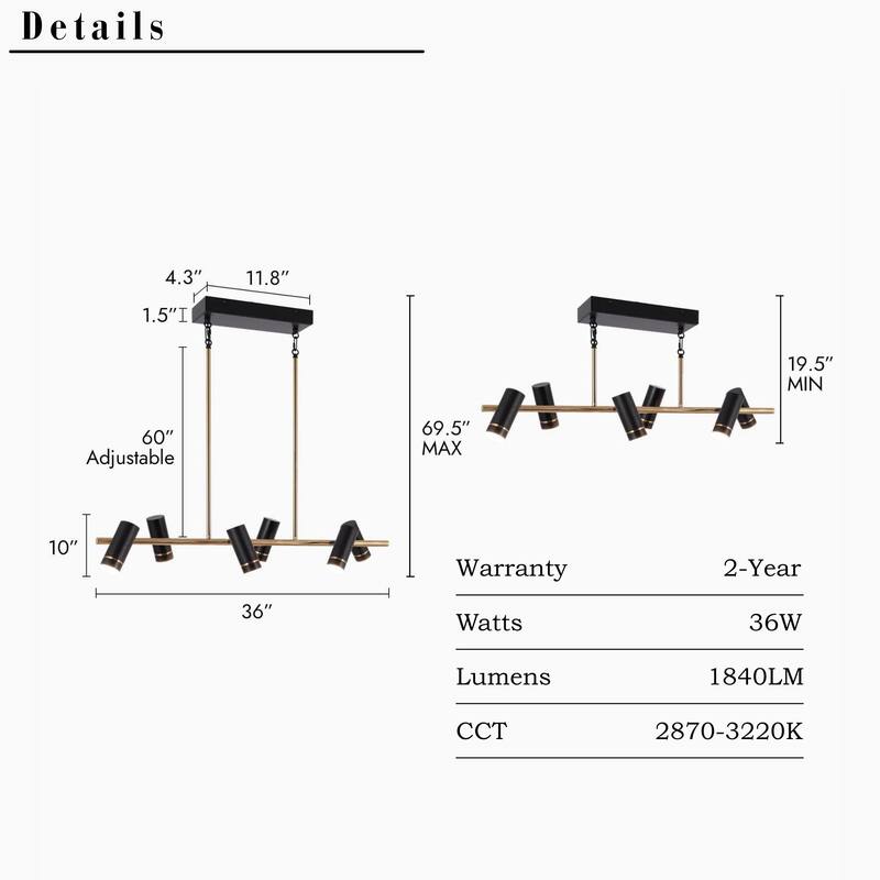 Modern 6-Light 36" LED Black Gold Large Chandelier Metal Linear Kitchen Island Lights
