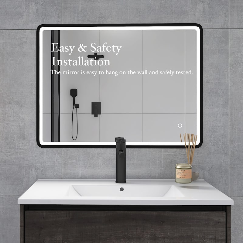 32 x 24 in. Rectangular Mirror Wall-Mount Anti-Fog LED Light Bathroom Vanity Mirror - Black