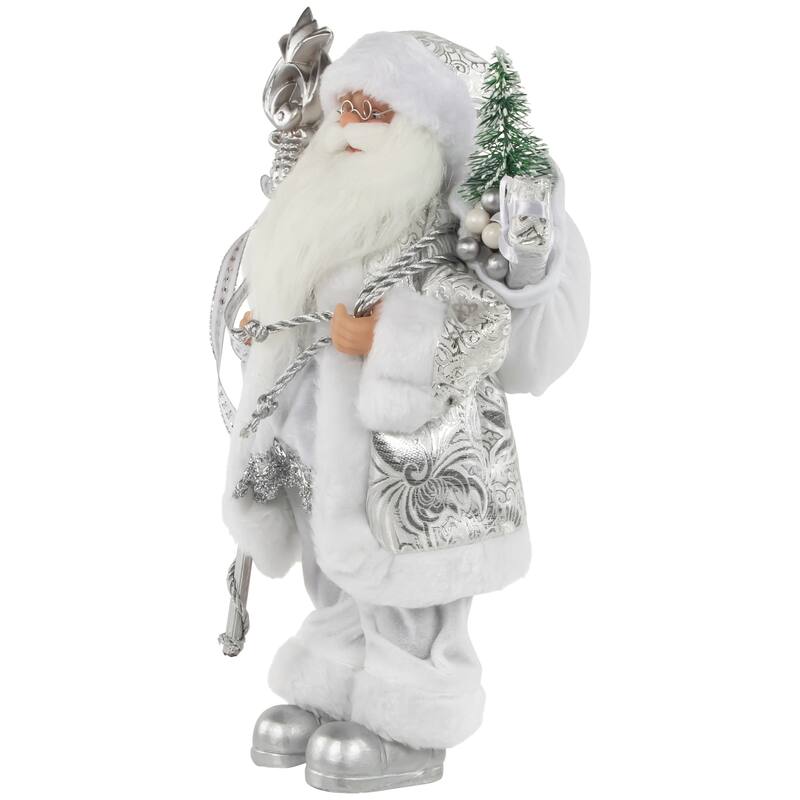12" White and Silver Santa Claus with Staff and Gift Bag Christmas Figure