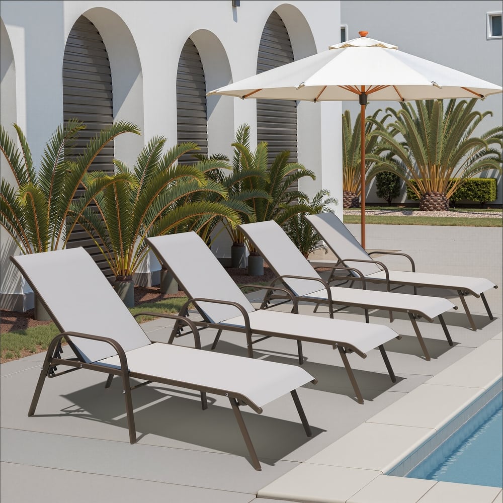 Set of 4 Outdoor Patio Adjustable Back Chaise Lounges Chairs with Arms