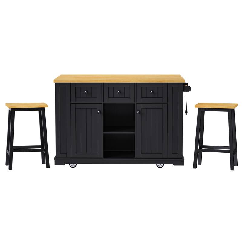 53.14'' Kitchen Island with 2 Bar Stools, Power Outlet,Door Internal Storage Rack, Drop Leaf, 5 Open Side Racks, 3 Drawers